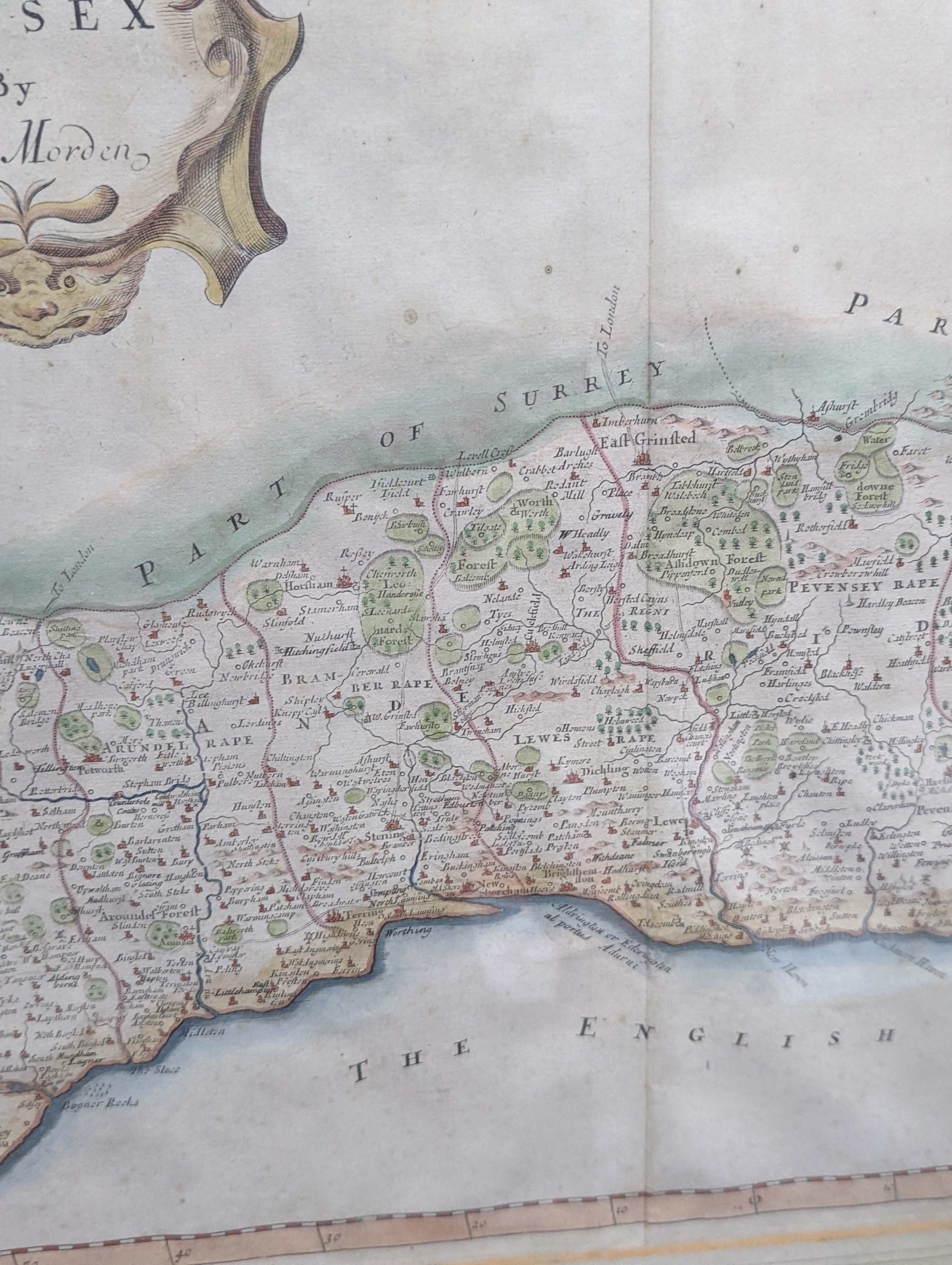 Robert Morden, coloured engraving, Map of Sussex, 35 x 42cm.